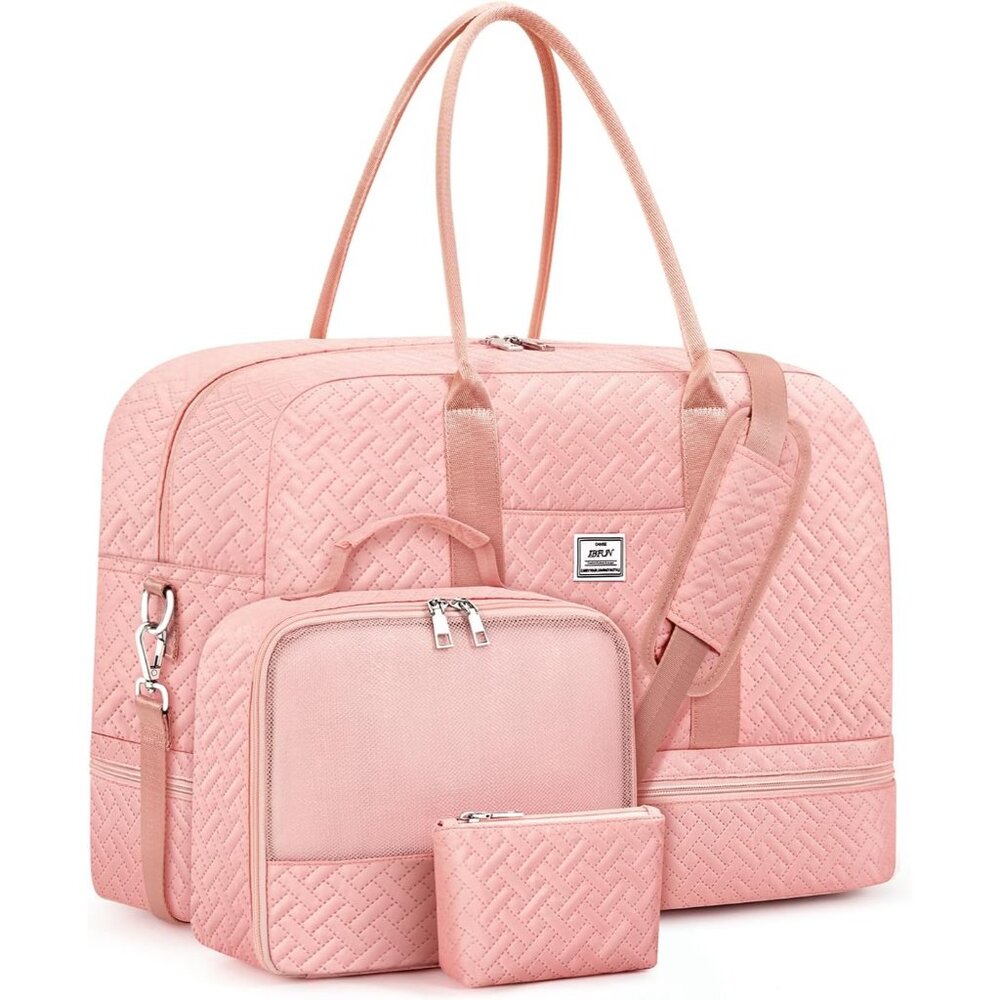Large Pink Canvas Weekend Travel Duffel Set With Shoe Compartment & Luggage Slee